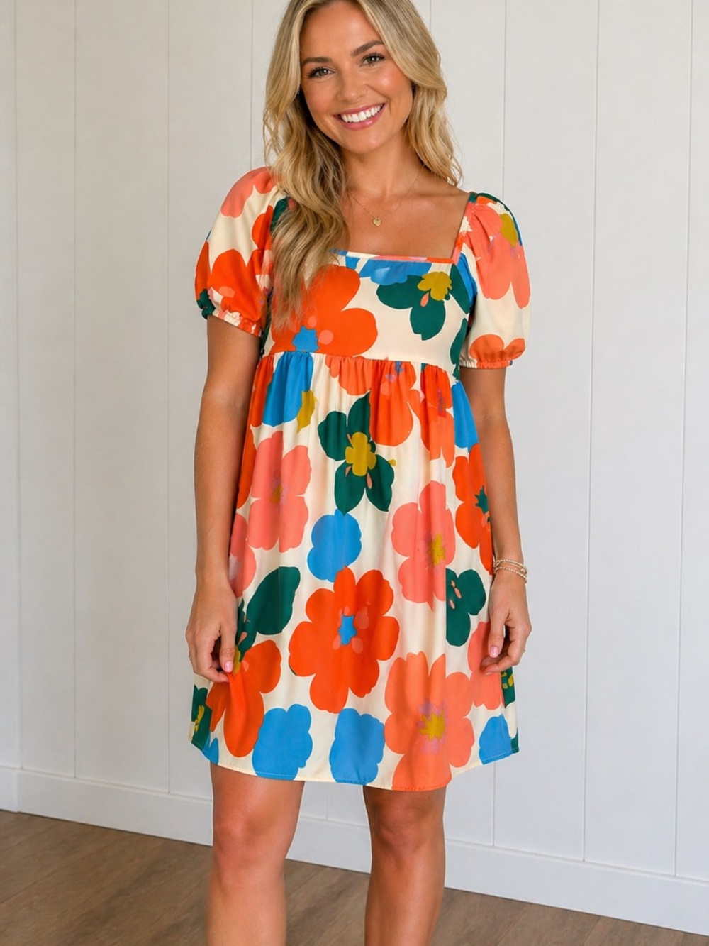 BiBi Cream Mini Dress with Bold Orange, Blue & Green Florals